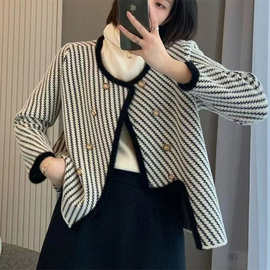 秋冬跨境新款不对称设计感女士上衣外套女小香风仿水貂绒针织开衫