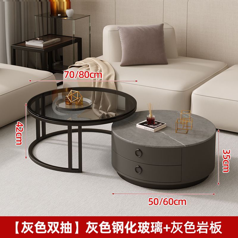 Mesa de centro personalizada, sala de estar para el hogar, lujo ligero, retráctil, placa de roca simple moderna, mesa de centro de doble capa redonda móvil