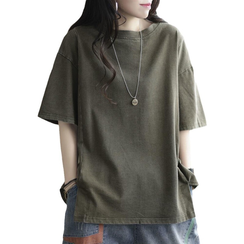 Tシャツの女性の夏服の新型半袖のゆったりとしたレトロな純色の百合はやせている服のtシャツの上着を見せます。|undefined
