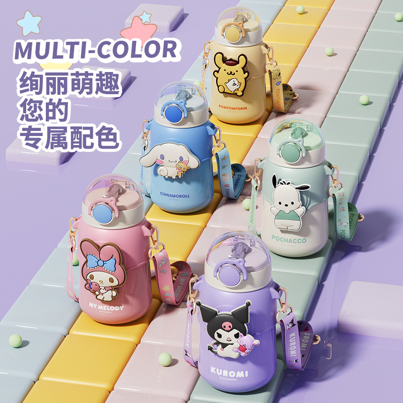 Sanrio Taza de aislamiento para estudiantes autorizada genuina Taza de agua deportiva de dibujos animados Taza de paja femenina personalizada Taza de tapa elástica linda
