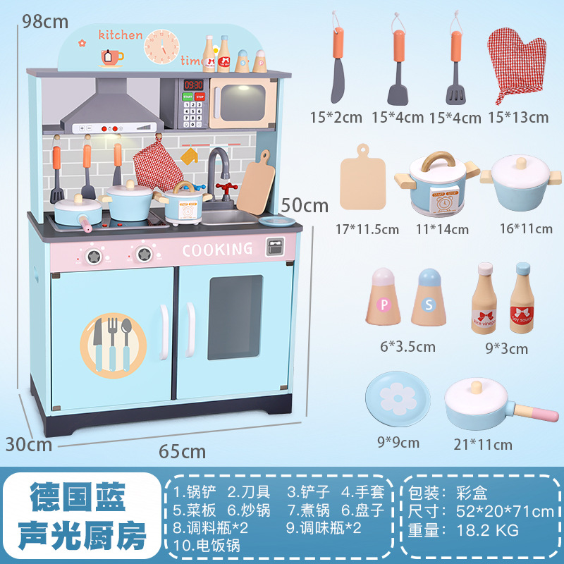 Simulación de madera Danish Sonido y luz Refrigerador Juego de juguetes de cocina Juegos de juegos de rol para niños pequeños Juguetes ensamblados