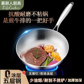 316不锈钢平底锅无涂层牛排家用不粘锅小号电磁炉燃气炉通用煎锅