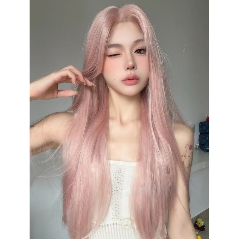 Pink Wig for Women with Long Hair, White, Medium Parted Bangs, One-Line Forehead Lace, Long Straight Hair, Imitation Full Human Full Headgear Pink Wig for Women with Long Hair, White, Medium Parted Bangs, One-Line Forehead Lace, Long Straight Hair, Imitation Full Human Full Headgear