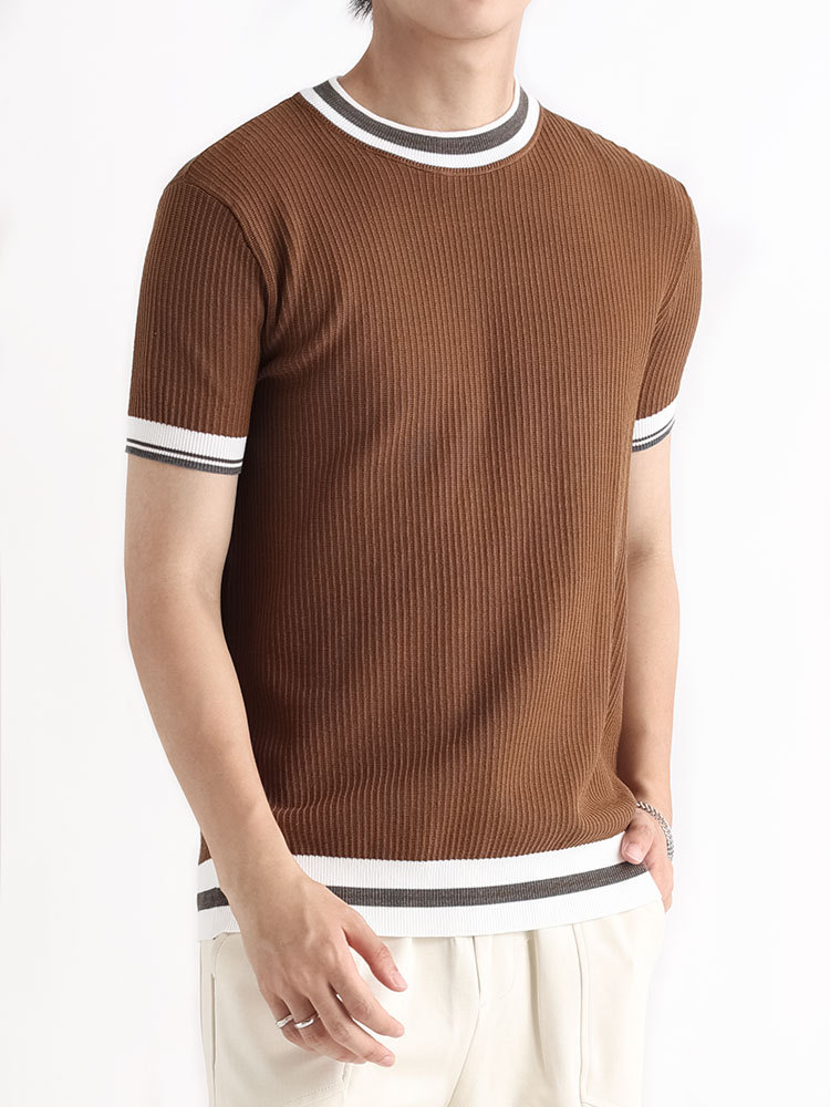 Cross-border viejo qianfeng hombre contraposición de tela de hielo costilla camiseta texturizada de manga corta ropa casual de hombre camiseta de verano