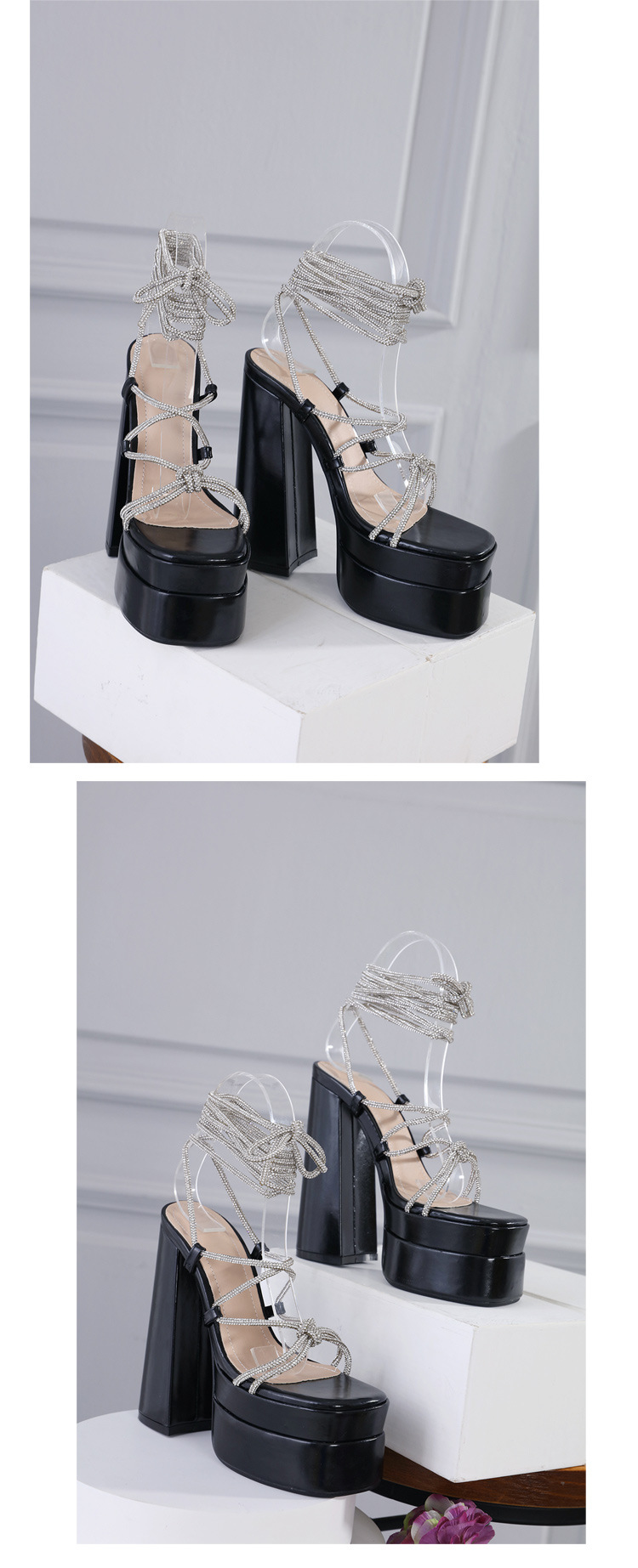 Dép sandal cao gót La Mã đính đá Rhinestone, quai dây buộc cỡ lớn — Màu đen chi tiết 18