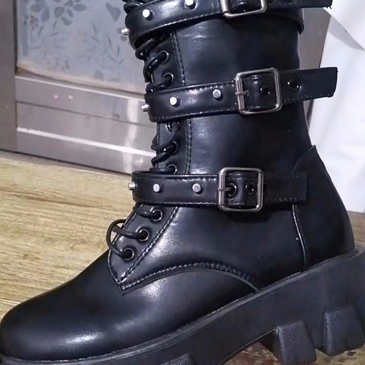 El Comercio exterior transfronteriza botas de cuero de las mujeres otoño Mediados de talón hebilla de cinturón británico estilo punk guapo largo Caballero botas estación independiente