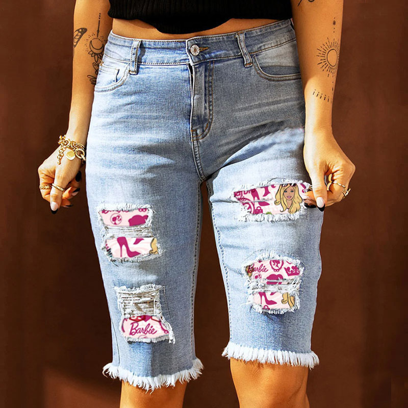 European and American Cross-Border Temu Independent Site New Summer Straight-Leg Pants Mid-Waist Printed Ripped Five-Point Jeans for Women