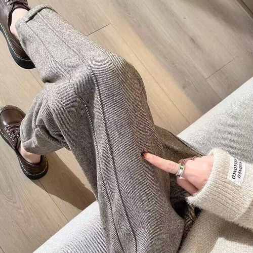 Women's Autumn/Winter New Arrival High-Waisted Loose Slimming Plaid Thickened Nine-Foot Wool Trousers