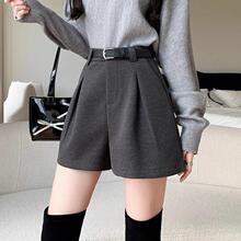 秋冬加厚灰色毛呢西装短裤女外穿设计感压褶高腰休闲A字阔腿靴裤