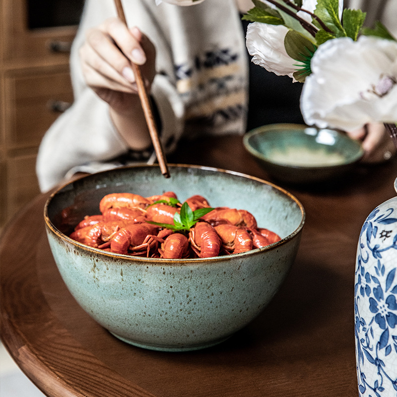 Bobby verde más alto profundizar retro 9 pulgadas tazón de sopa de cerámica enchupe tazón de pescado enchupe tazón de sopa exportación transfronteriza