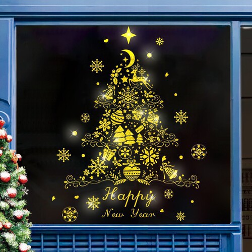 Gold Christmas Decorations Glass Sticker Door Sticker Shopping Mall Store Scene Decoration Wall Sticker Window Decal Self-Adhesive