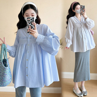 2025 Spring New Fashion V-Neck Pleated Pregnant Mother Shirt Design Sense Striped Long-Sleeved Shirt All-Match Meat Covering