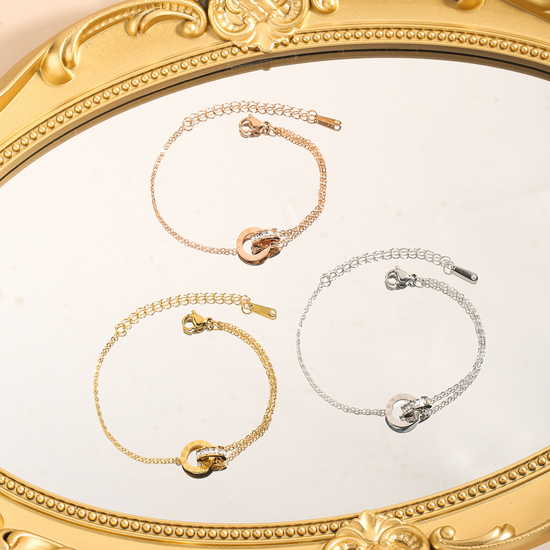 Double-ring Stitching Roman Font Titanium Steel Bracelet Women's All-match Color-free Gold Bracelet Niche Design Light Luxury Accessories