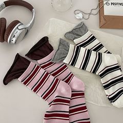 復古鹹菜綠寬羅口洋氣撞色條紋拼接中筒襪女條紋堆堆襪粉色棉襪