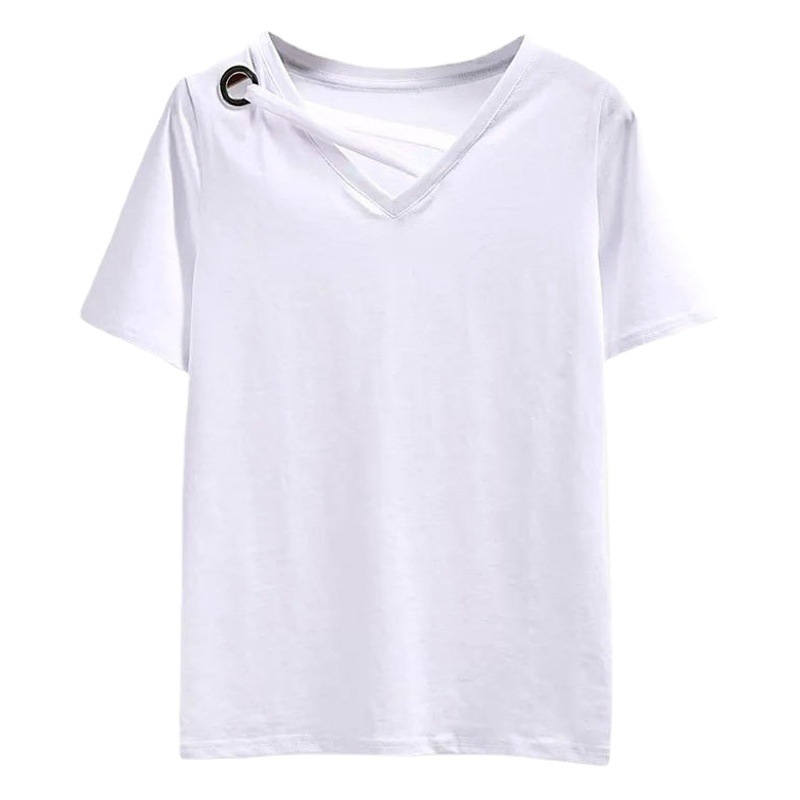 V-cuello de las mujeres de la camiseta de manga corta 2024 Verano nuevo estilo de cuello de pollo de color sólido media manga corta T suelta casual de color sólido camisa base