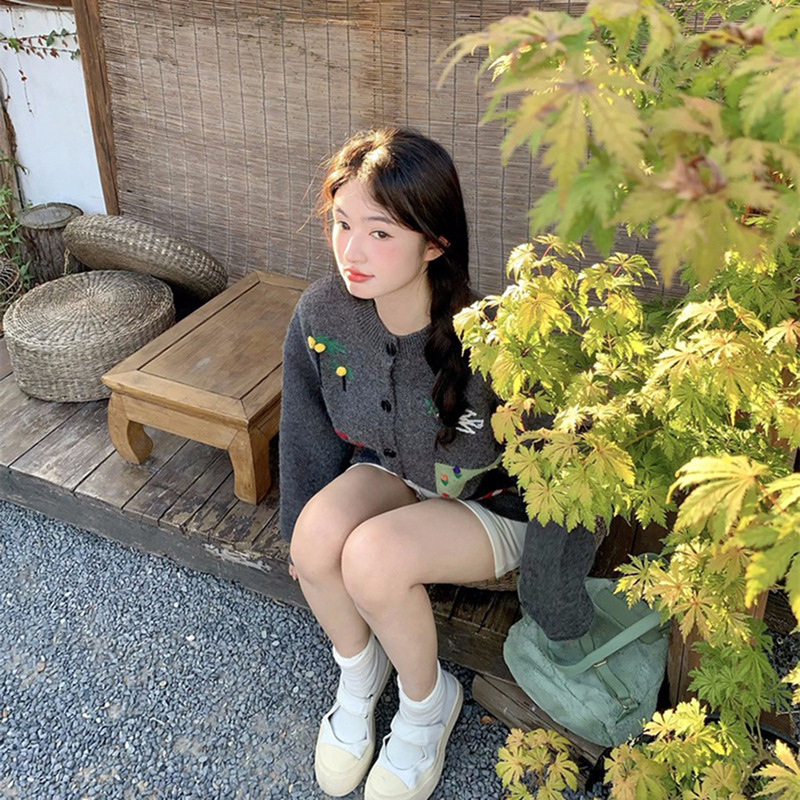 卡通刺绣毛衣外套秋季新款甜美可爱风加厚秋冬针织衫开衫宽松上衣|undefined