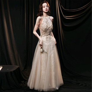 Evening Dress Women's 2025 New High-end Sense French Light Gauze Skirt Light Luxury Niche High-end Annual Meeting Host Performance Dress