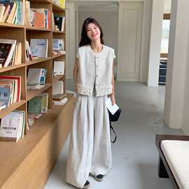米色蕾丝拼接马甲套装女2025年夏季新款时尚气质宽松阔腿裤两件套