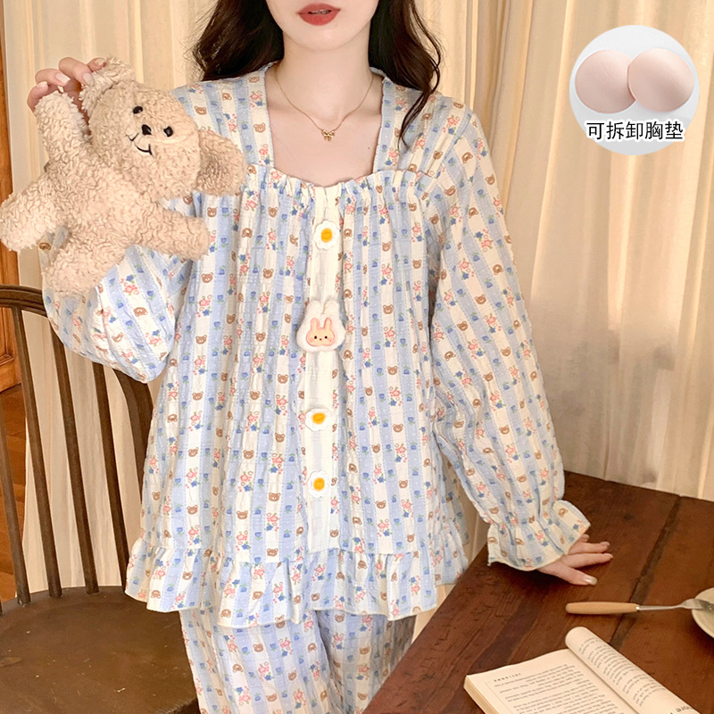 云朵棉睡衣女春秋季带胸垫长袖可爱小熊卡通家居服可外穿跨境批发|undefined