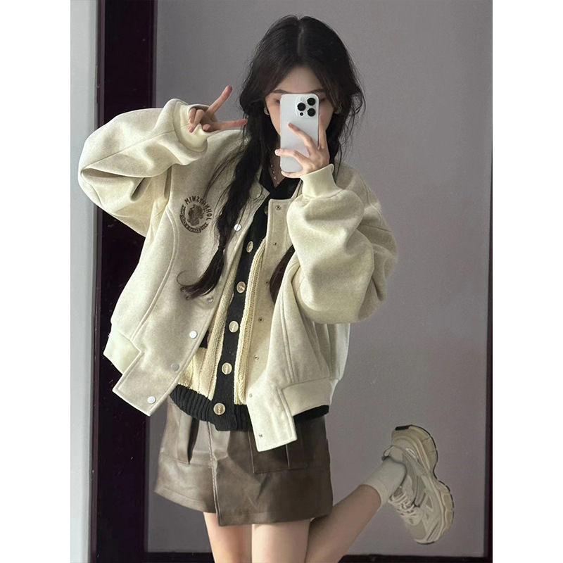 美式oversize毛呢外套女春秋设计感小众秋冬季加厚韩系短款棒球服|undefined