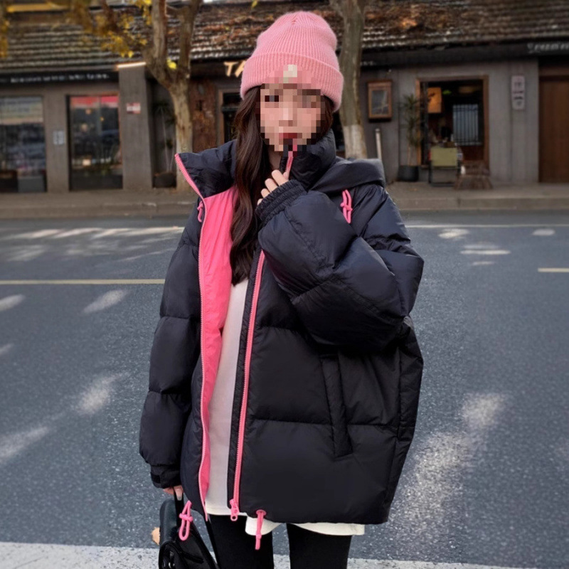 羽绒服女中长款2025新款冬季白色加厚面包服宽松连帽撞色韩版外套