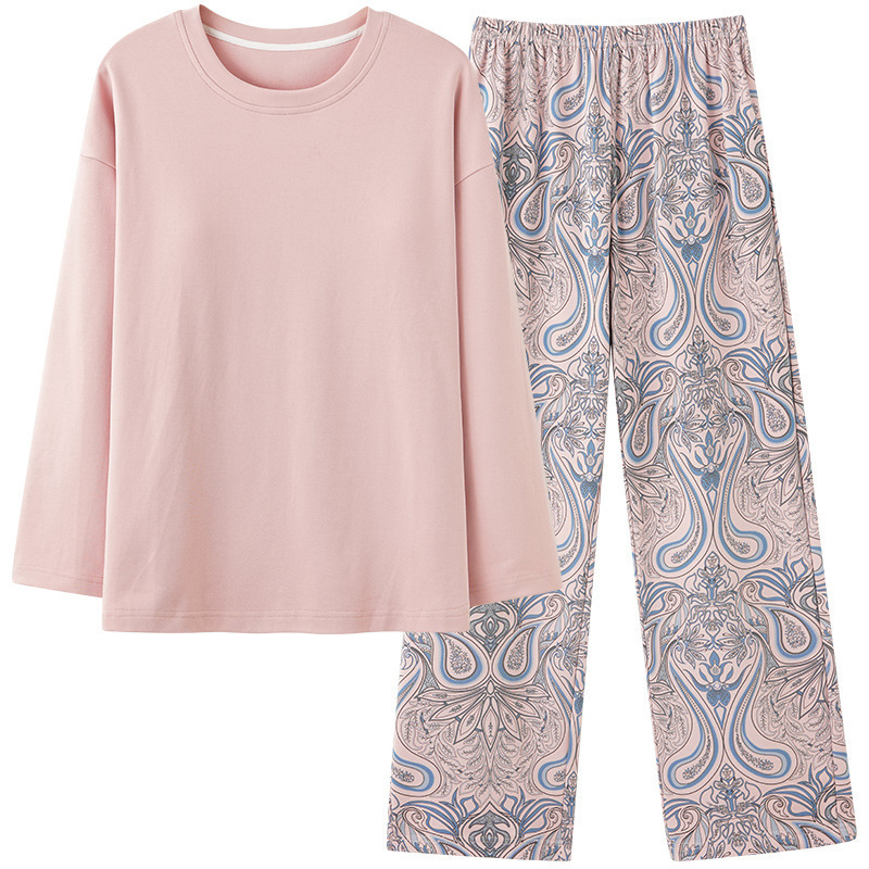 가슴 패드가 달린 잠옷 여성 봄과 가을 긴 소매 코튼 둥근 목 느슨한 편안한 캐주얼 의류 홈 세트