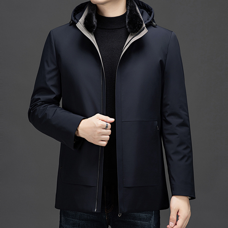High-End down Jacket for Middle-Aged Men with Hooded Stand Collar Dad Wear Winter Casual Removable Liner White Duck down Jacket