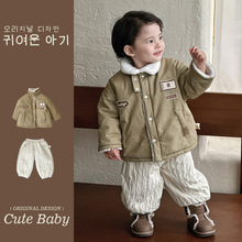韩国童装深秋加绒夹棉外套绗棉裤子两件套外出服小男孩冬季套装厚