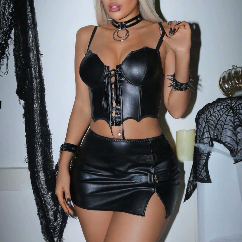 European and American Amazon Hot Girl Strappy Navel-Baring Pu Leather Halloween Chain Sexy Splicing Nightclub Uniform Sexy Intimates