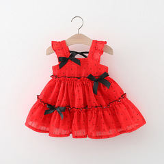 圓點吊帶三個蝴蝶結露背千層裙