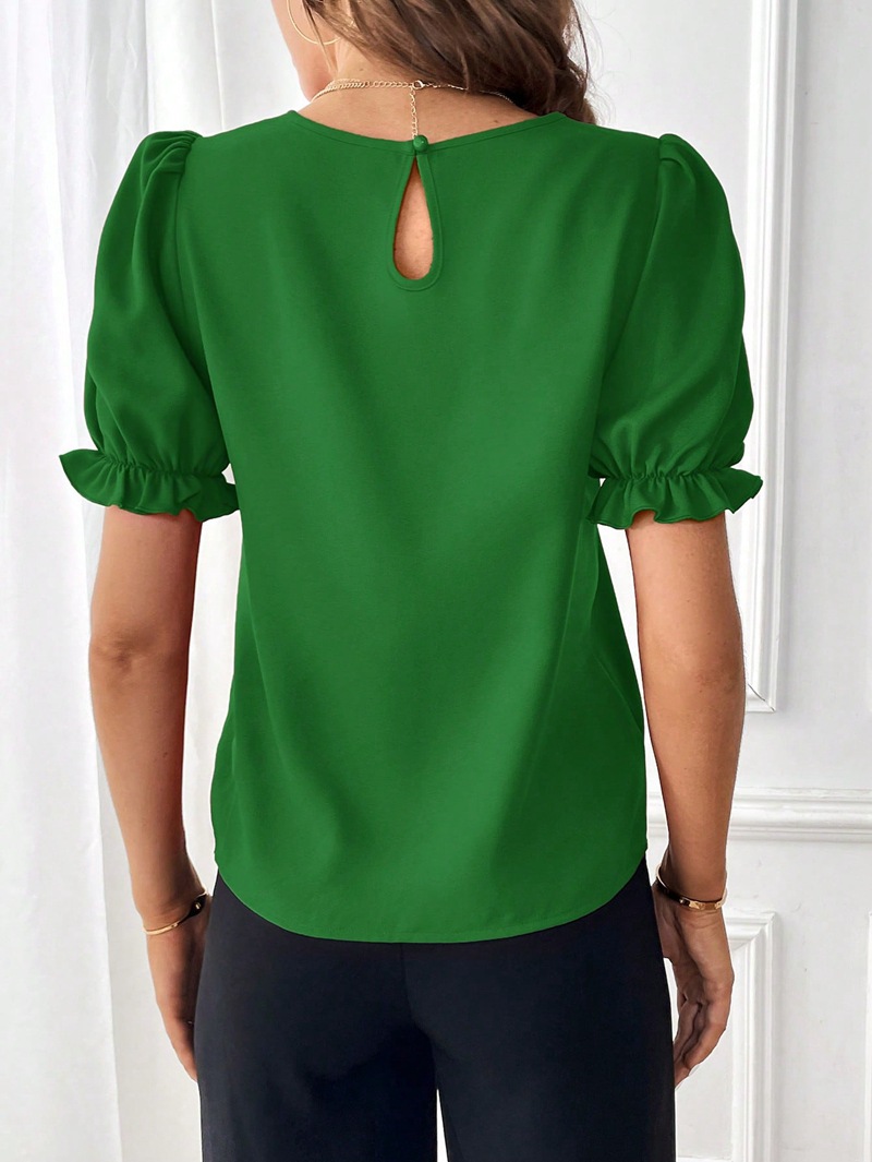 203g Weight Short Sleeve Sleeve Length Pullovers Placket Type Bishop Sleeve Sleeve Type Polyester Fabric Type Regular Top Length Blouse Tops Type Daily Occasion Round Neck Neckline Regular Fit Fit Type Solid Color Pattern Summer, Spring Season Women's Gender Elegant, Streetwear Style Wholesale Women's Elegant Streetwear Solid Color Short Sleeve Blouses 41