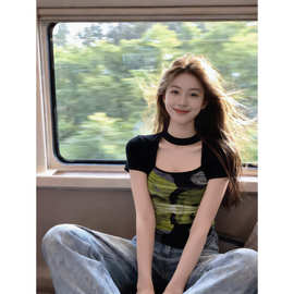法式晕染印花方领短袖T恤女2026夏季新款辣妹高级感修身气质上衣