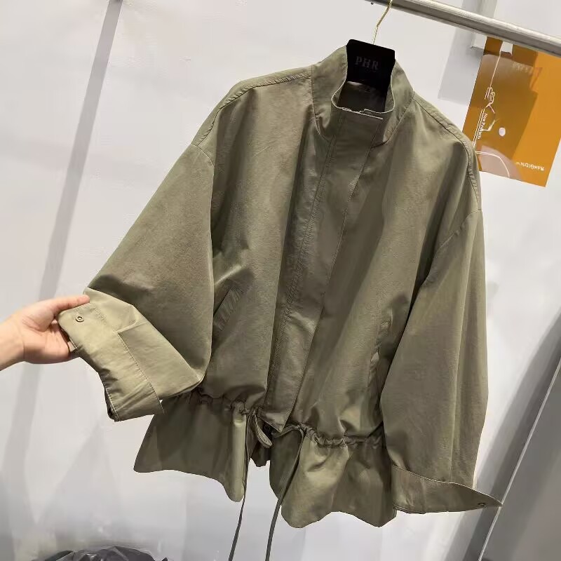 ng2510292 European Style 2026 Spring New Stand Collar Zipper Drawstring Fashionable Loose Casual Mid-Length Trench Coat Women's_ecoleips.com