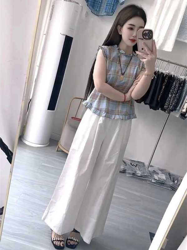 欧洲站时尚减龄套装女2025夏季新款撞色格子木耳边无袖小衫阔腿裤|undefined