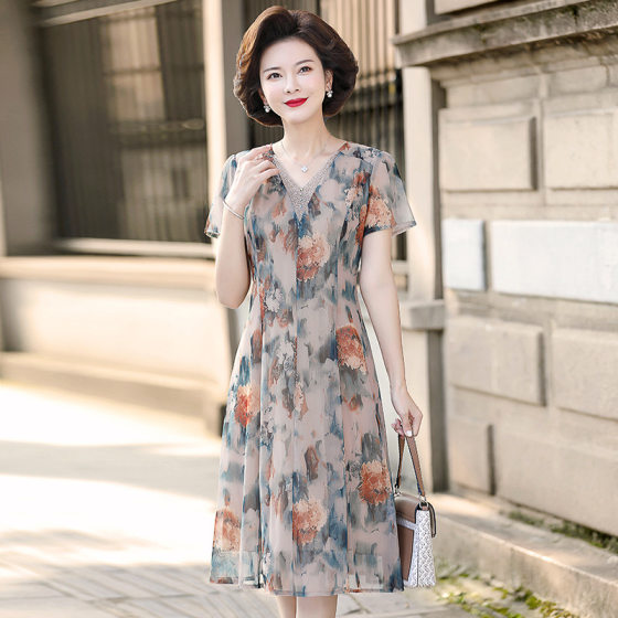 2022 New Mother Stylish Dress Middle-aged Women's Summer Clothes Middle-aged Summer Temperament Short-sleeved Chiffon Dress