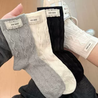 新品麻花蕾丝布标饰品字母标堆堆袜韩系ins东大门中筒袜女