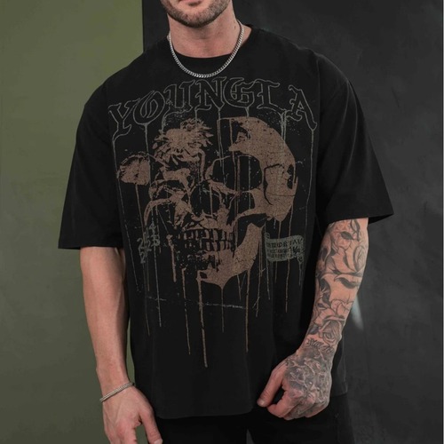 US YoungLA Men's Plus Size Cotton Crew Neck Loose Short Sleeve Gym Sports Fitness 240 Fabric T-Shirt