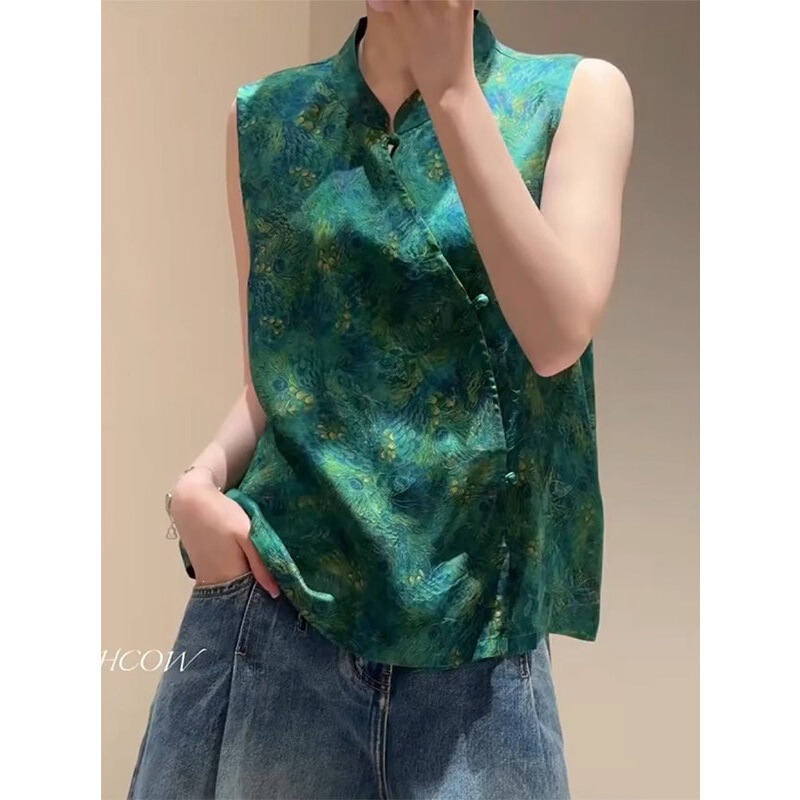 New Chinese-Style Green Stand-Collar Sleeveless Shirt for Women, 2026 Summer New Model, National Style Printed Buttoned Light Luxury Plus-Size Top