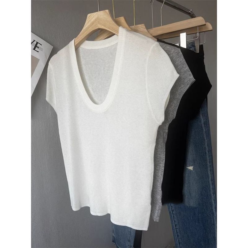 夏の氷糸の肩のtシャツの女性の薄いタイプのニットの小さいシャツの半袖のファッションは年齢を減らします。|undefined