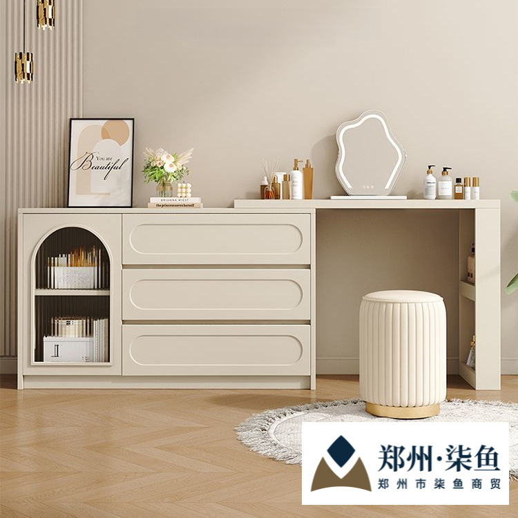 French-Style Cream Chest of Drawers and Dressing Table Set, Simple Small Apartment Desk, Trendy Ins-Style Makeup Table Cabinet