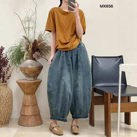 拼接牛仔裤26春夏新款宽松日系休闲九分裤百搭做旧哈伦裤潮656