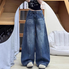 水洗弯刀阔腿牛仔裤女2025新款小个子直筒宽松牛仔裤高腰垂感显瘦