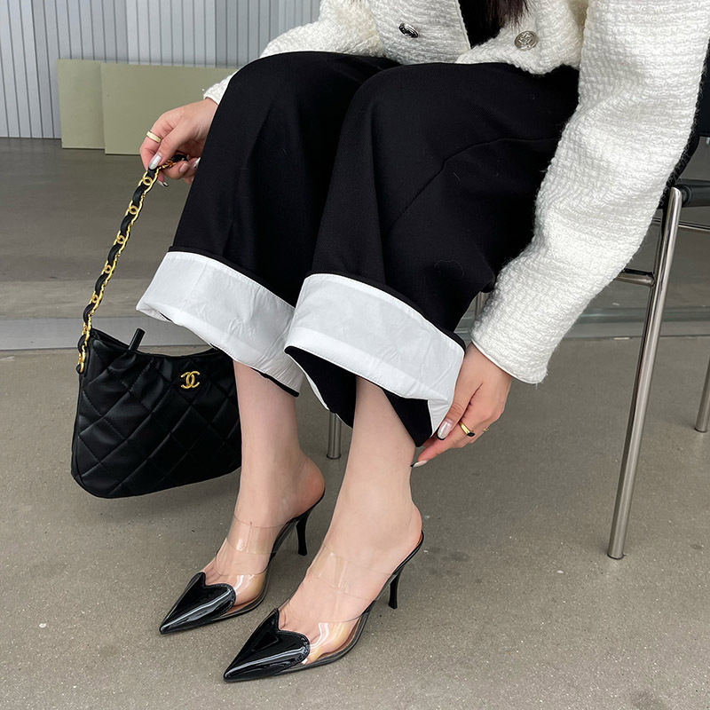 Women's Color-Blocked High Heels with Transparent Heart-Shaped Design, Spring and Summer Stiletto Heels, Korean Style Shallow Mouth Closed-Toe Half-Slipper Pointed-Toe Women's Shoes