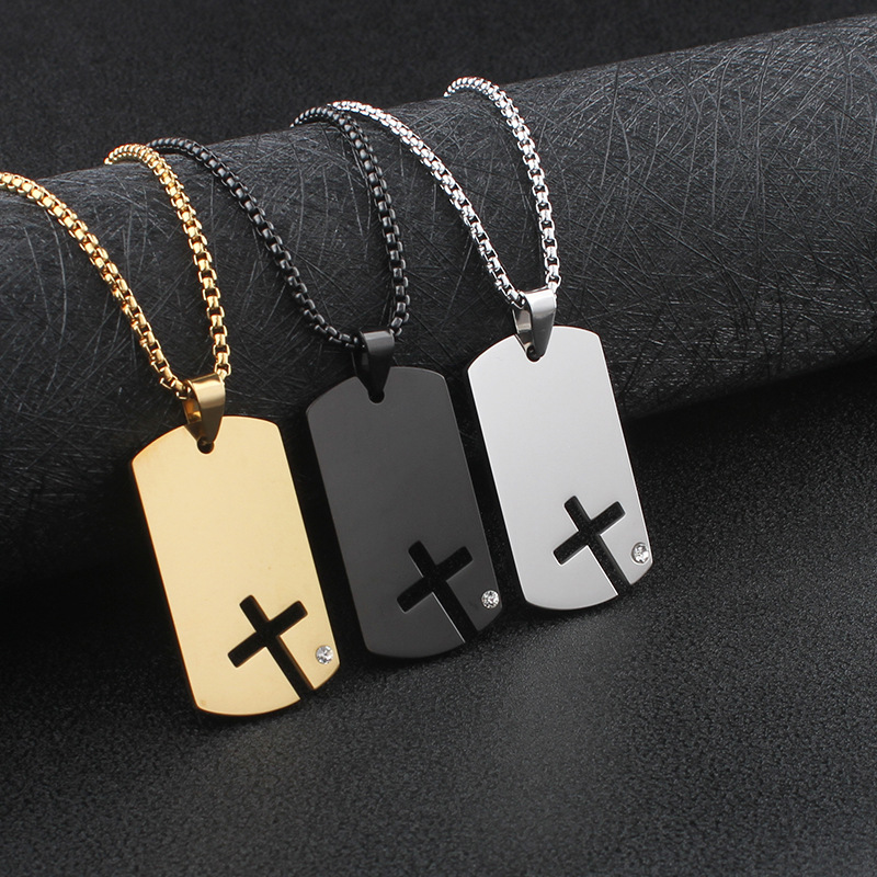 European and American style men's necklace, simple and unique military tag, hollow cross pendant, stainless steel sweater chain jewelry wholesale.