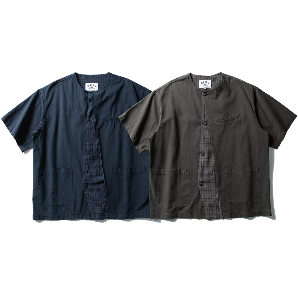 日系复古阿美咔叽水洗无领工装短袖衬衫男女宽松纯棉五分袖衬衣潮