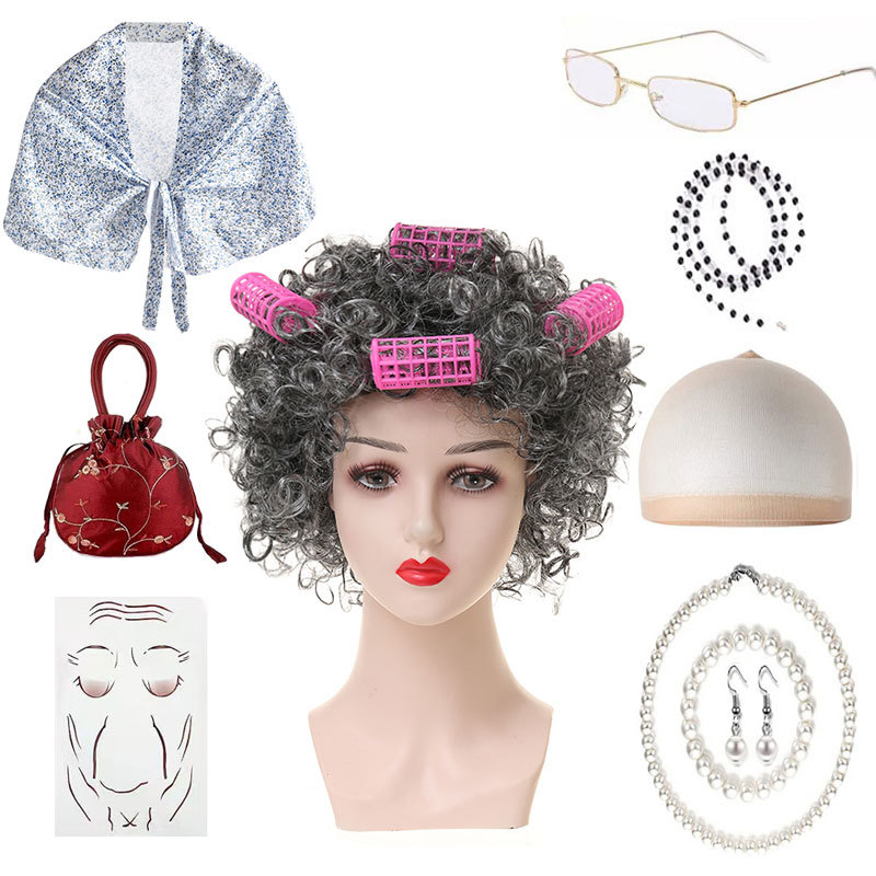Amazon Wife Wig Halloween Middle-Aged and Old Grandpa Grandma Wig Shawl Costume Props Set