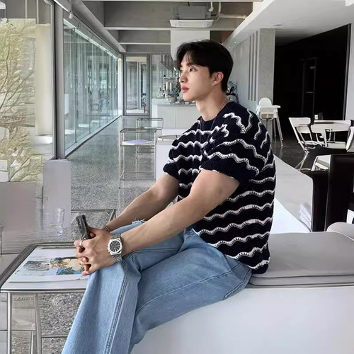 Men's T-shirt Short Sleeve Summer Streetwear High-End Heavy Work Hollow Knit Top with Floral Wave Striped T-shirt