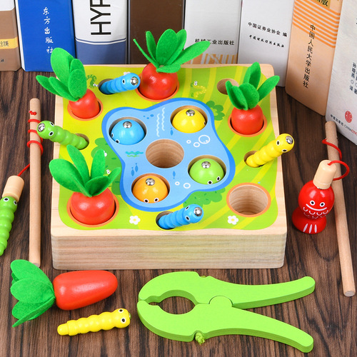 Factory direct supply of simulated plug-in and pull-out radish children's early education magnetic fishing and insect catching multifunctional desktop educational toys