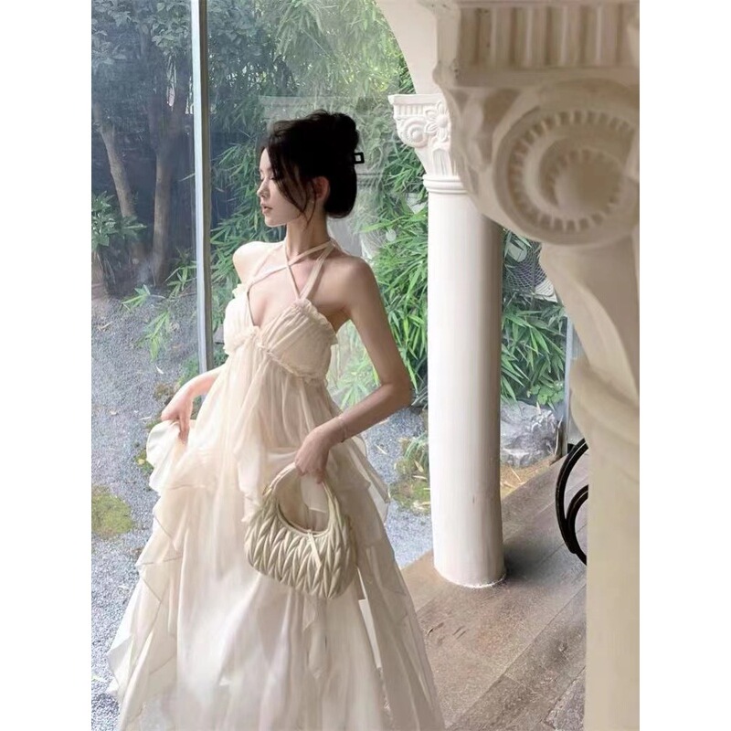 Heavy Industry Neck Hanging Strap dress Women's Summer Long Dress Photograph Backless Seaside Holiday Beach Skirt apricot Other