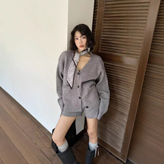 韩版针织套装女秋冬美式复古宽松休闲气质v领毛衣开衫短裤两件套